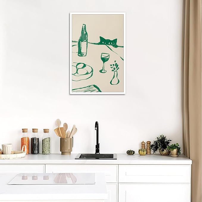 Sneaky Cat Wine Wall Art Funny Kitchen Animal Poster Whimsical Pet Wall Decor Abstract Scandi Dinner Sketch Prints Painting For Living Room Dining Room Wall Decor 16x24in Unframed