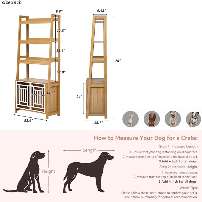 2-in-1 Modern Dog Crate & Bookcase - Space-Saving Leaning Ladder Design with Storage Shelves, Ancient Oak MDF & Steel, 76" H for Small to Medium Pets
