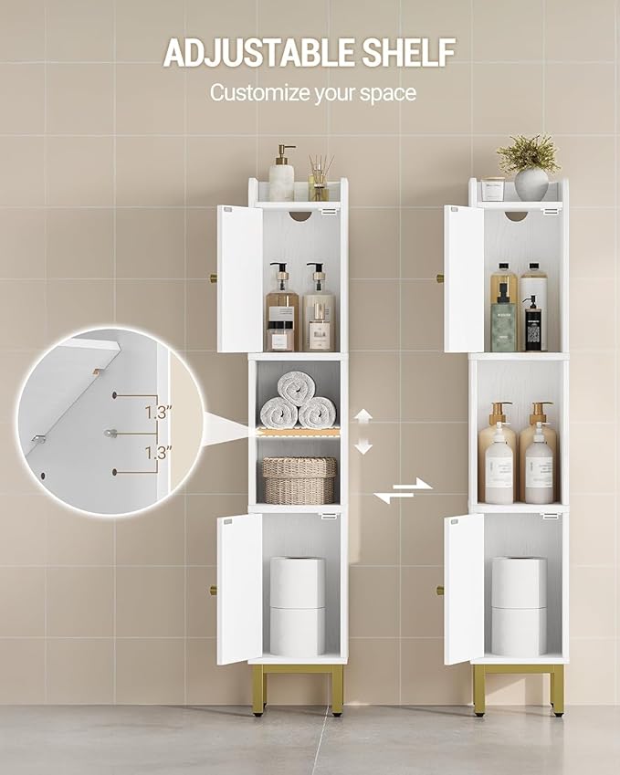 Slim Bathroom Storage Cabinet, Narrow Bathroom Organizers and Storage with 4 Adjustable Feet, Laundry Room Organization for Small Space, Kitchen, Living Room, 2 Doors White BC22413G