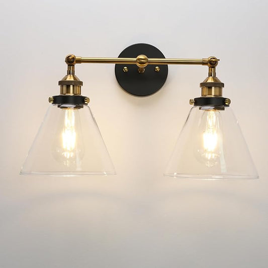 PERMO Industrial 2-Lights Wall Sconces with Dual Funnel Clear Glass Shade Double Sconce Antique Wall Sconce for Mirror Hallway Bedroom, Hardwired, E26 Base