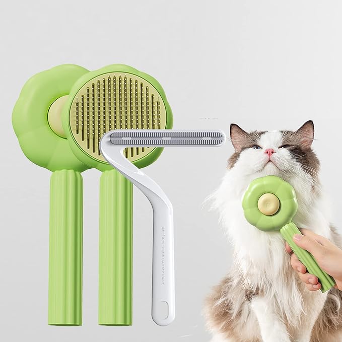 Pet Grooming Cat and Dog Brush, Self-Cleaning Sliker Brush for Removes Mats, Tangles, and Loose Hair, Shedding Brush for Short or Long Haired Cats/Dogs (Green)
