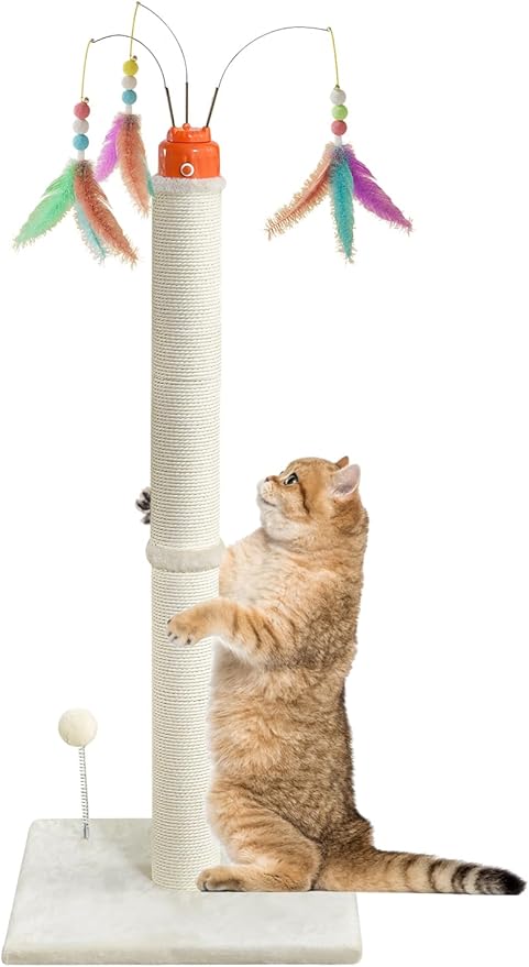 Cat Scratching Post，42.5" Tall Heavy Duty Cat Scratcher，Scratching Posts for Indoor Cats Adult with Interactive Cat Toys Automatic Teaser Wand and Rotating Hanging Balls