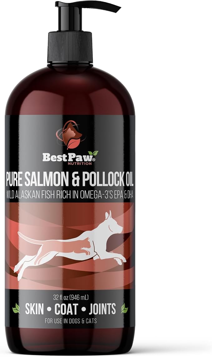 Best Paw Nutrition Wild Alaskan Salmon & Pollock Oil for Dogs & Cats - Fish Oil Liquid Pump with Omega 3 EPA DHA - Skin & Coat Supplement - Supports Joint Function & Wellness - 32 oz