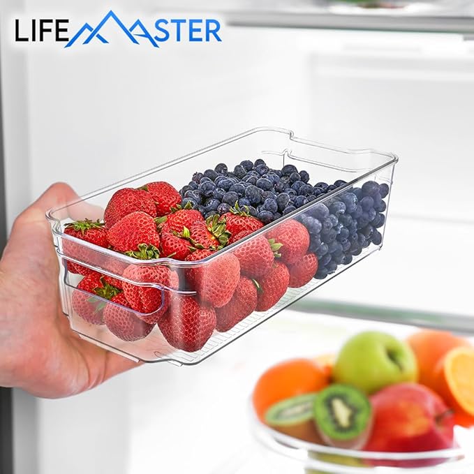 4-Piece Stackable Refrigerator Bin Organizer Set with Easy Grip Handles - Clear Multi-Purpose Storage Bins for Fridge and Pantry Use