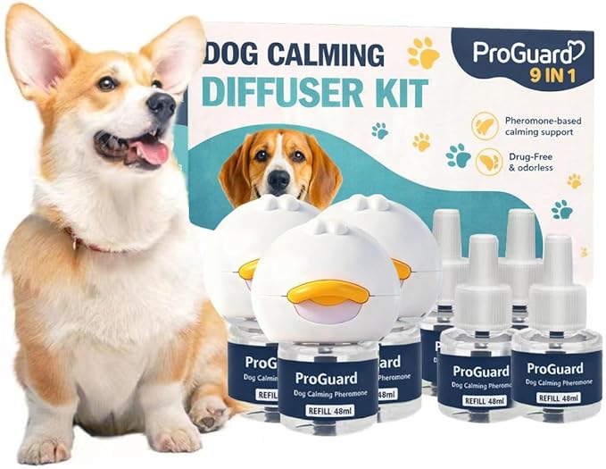ProGuard Dog Pheromones Calming Diffuser Kit Appeasing Pheromone Diffuser to Calm (3 Plug in+ 6 Pack 48ml Refill) for Anxiety Relieve Relief Reduce Aggression Fighting Barking Stress 180 Day Supply