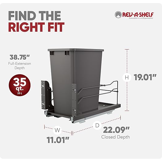 Rev-A-Shelf Pullout Trash Can for Under Kitchen Cabinets 35 Qt. 8.75 Gallon with Soft-Close Slides and Rear Storage, Orion Gray, 53WC-1535SCDM-113