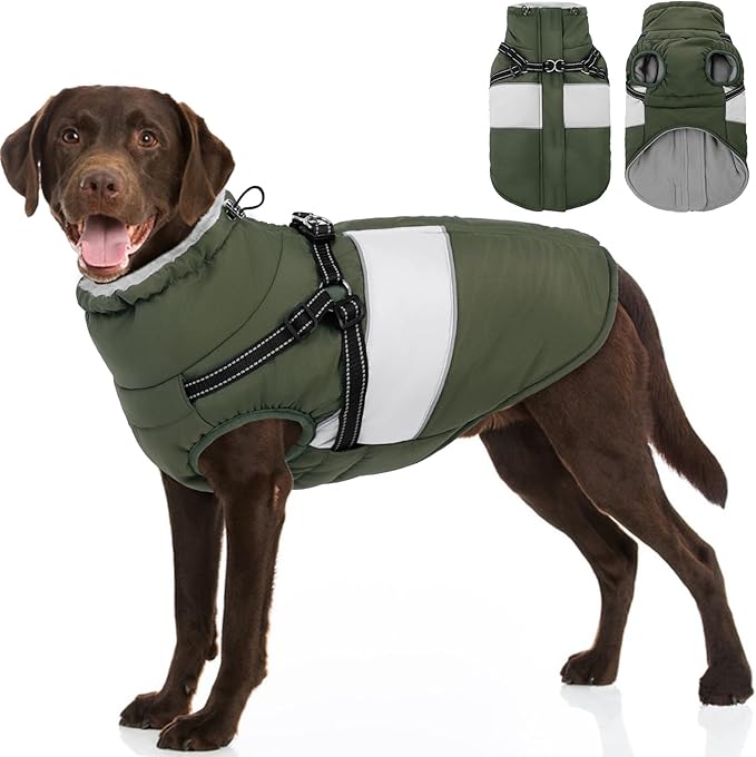 SUNFURA Dog Jacket, Large Dog Coat with Harness Built in, Warm Pet Winter Jacket Zippered Snow Coat with Furry Collar, Waterproof Fleece Snowsuit for French Bulldog, Army Green L