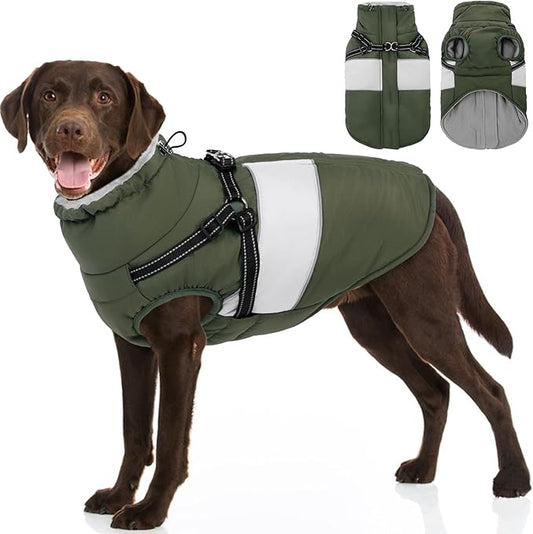 SUNFURA Dog Jacket, Large Dog Coat with Harness Built in, Warm Pet Winter Jacket Zippered Snow Coat with Furry Collar, Waterproof Fleece Snowsuit for French Bulldog, Army Green L