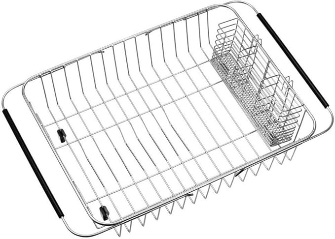 SANNO Expandable Pull Out Kitchen Cabinet Organizers and Storage, Cabinet Sliding Shelf Under Sink Shelf, Dish Drying Rack with Stainless Steel Utensil Holder Large Dish Rack Drainer