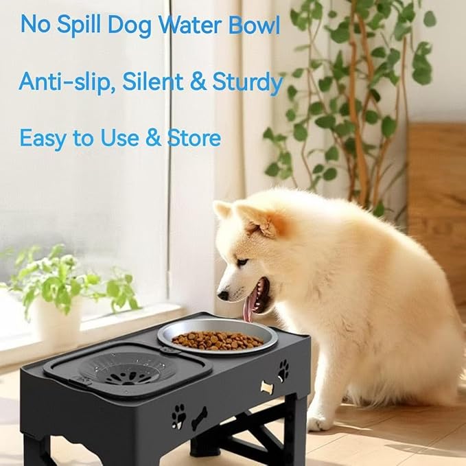 Kaiyue 2-in-1 Elevated Slow Feeder Dog Bowls Stand with No Spill Water Bowl, 5 Height Adjustable Raised Dog Bowls ，Non-Skid Pet Food Feeding Set for Small to Large Dogs