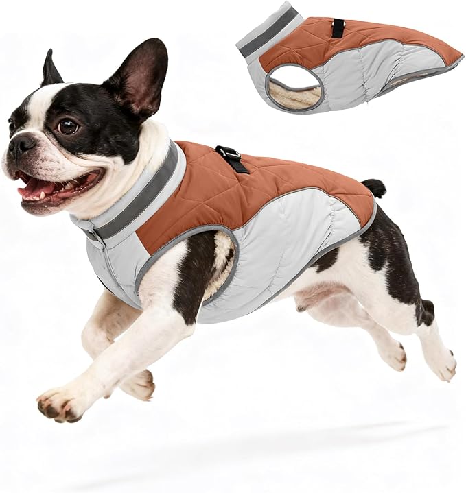 Dog Coat for Small Dogs, Adjustable Dog Jackets for Cold Weather, Reflective Winter Coat with Built-in Harness, Snowsuit Fits Dogs 5-8 lbs and Up, Size XS Brown