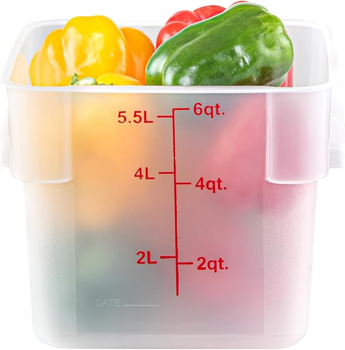 Restaurantware Food Storage Container 1 Pack of 6 qt Plastic Kitchen Storage Bin with Volume Markers Space-Efficient Design Dishwasher-Safe Polypropylene Translucent