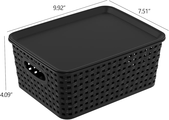 Plastic Weave Storage Bins with Lids, Plastic Organizing Baskets with Lid, Black, 6 Packs