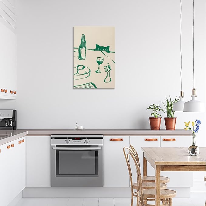 Sneaky Cat Wine Wall Art Funny Kitchen Animal Poster Whimsical Pet Wall Decor Abstract Scandi Dinner Sketch Prints Painting For Living Room Dining Room Wall Decor 8x12in Wrapped Canvas