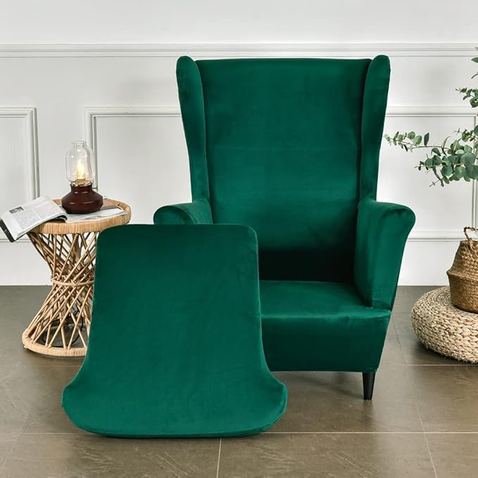 OBCREAT Wingback Chair Covers,2 Piece Stretch Velvet Wingback Chair Slipcover Soft Wing Chair Sofa Covers with Elastic Bottom,Armchair Couch Cover Furniture Protector for Living Room (Green)