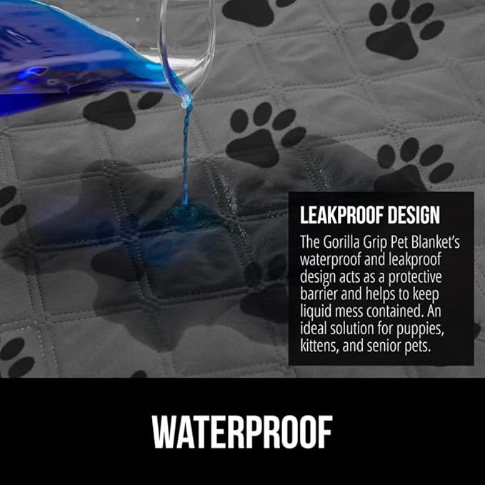 GORILLA GRIP Waterproof Dog Blanket, 52x82 Couch Cover for Dogs Washable, Protects Sofa, Furniture, Crate, Car, RV Essentials Pet Supplies, Tear and Slip Resistant Leakproof Cushion Cover, Gray Paw