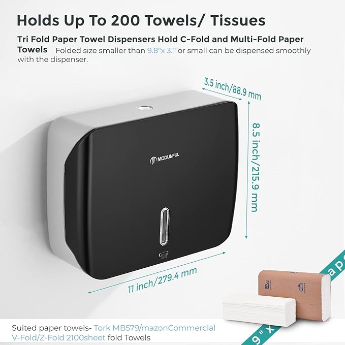 Paper Towel Holder Wall Mount - No-Drill Adhesive Multifold Paper Towel Dispenser for RV Bathrooms, Guest Suites & Compact Kitchens, Locking Commercial Design