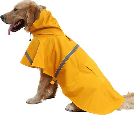 NACOCO Large Dog Raincoat Adjustable Pet Water Proof Clothes Lightweight Rain Jacket Poncho Hoodies with Strip Reflective (L, Yellow)