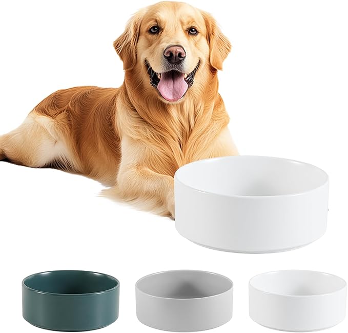 Ceramic Dog Bowl for Food and Water - Pet Feeder Bowl for Medium to Large Dogs - Heavy Ceramic Feeding Dish with Non Slip Base - Dishwasher & Microwave Safe - 8 Inch - 7.5 Cups - White