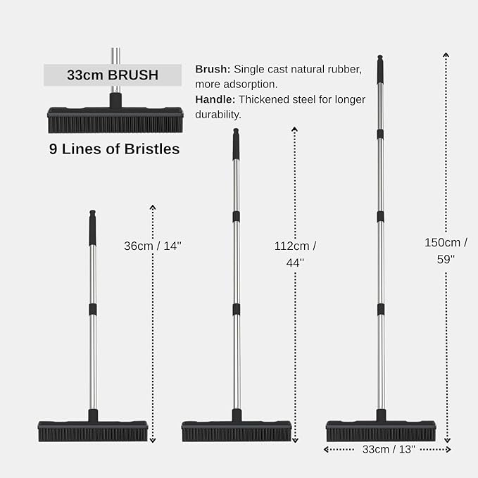 Pet Hair Remover Carpet Rake X 2 Reusable Rubber Broom with Squeegee for Sweeping Pet Hair Removal Tool 59" Long Handle Cat and Dog Hair Remover for Rugs, Carpet, Hardwood Floor, Tile
