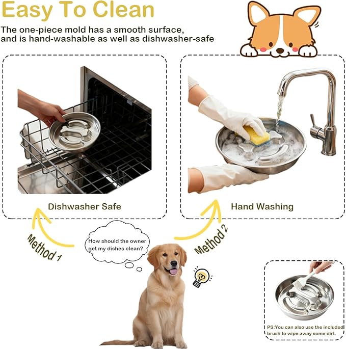 Medium Stainless Steel Slow Feeder Pet Bowls-Non-Slip Stainless Steel Bowl,4-Cup Capacity Slow Feeder to Prevent Indigestion,Dishwasher Safe,Comes with Spatula & Pastry Brush (Bone)