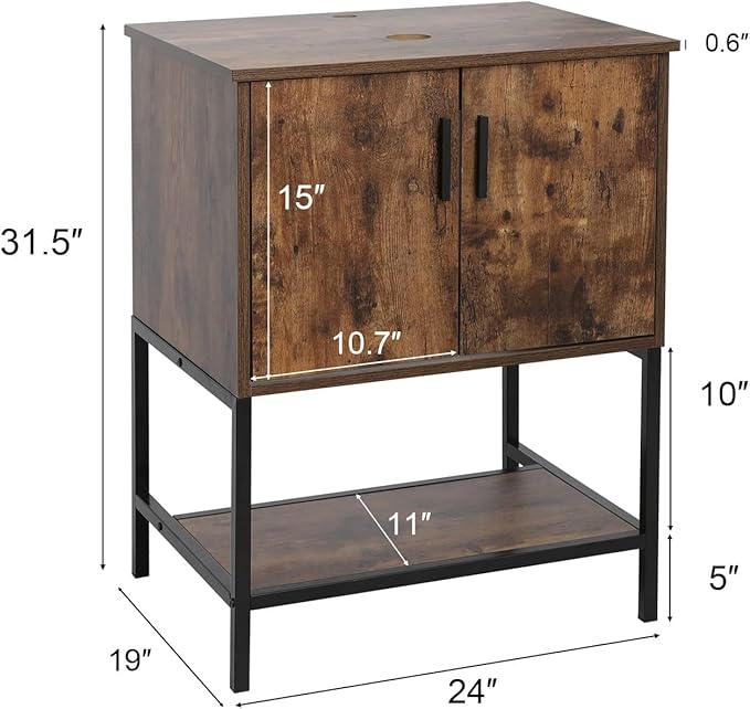 eclife 24" Bathroom Vanity Sink Combo Modern Metal Stand Cabinet W/Bottom Shelf White Shell Vessel Sink & Water Save Faucet & Pop Up Drain, Rustic Brown (T54)