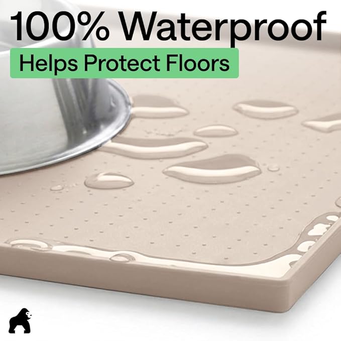 GORILLA GRIP 100% Waterproof Raised Edge BPA Free Silicone Pet Feeding Mat, Dog Cat Food Mats Contain Spills Protects Floors, Placemats for Cats and Dogs Water Bowl, Pets Accessories 18.5x11.5 Cream