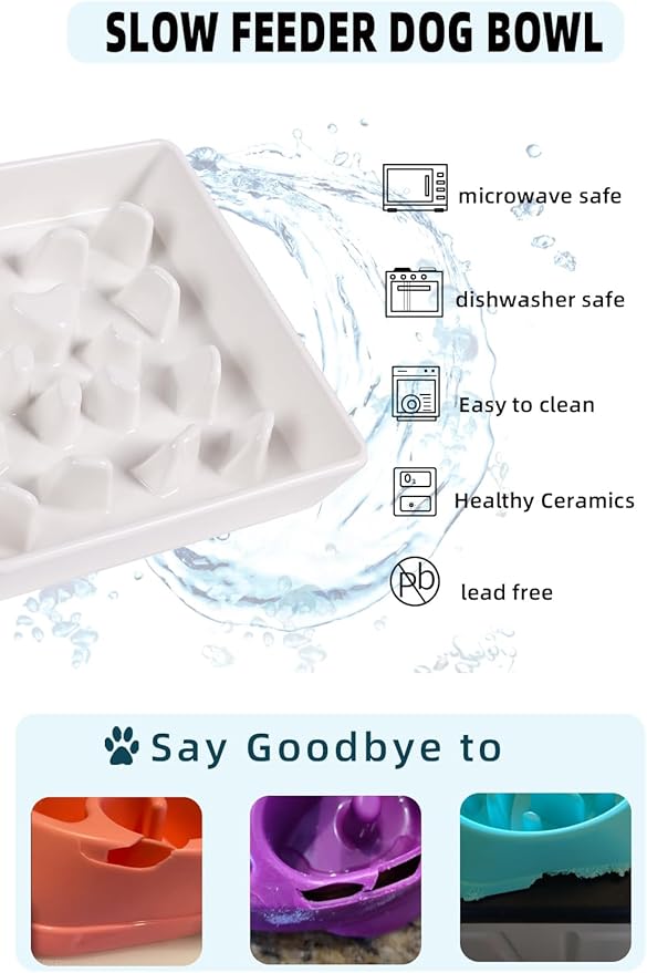 Square Slow Feeder Dog Bowls, Ceramic Fun Slow Eater Bowl for Small Medium Breed (White)