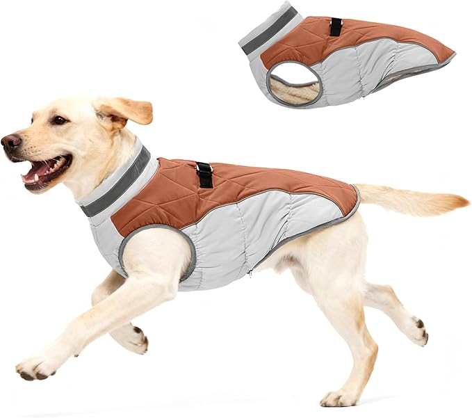 Dog Coat for Large Dogs, Adjustable Dog Jackets for Cold Weather, Reflective Winter Coat with Built-in Harness, Snowsuit Fits Dogs 22-47 lbs and Up, Size L Brown