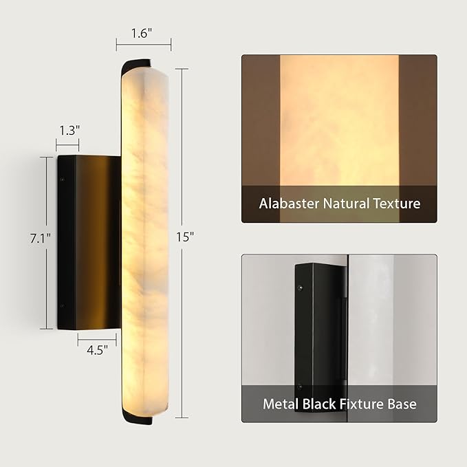 Alabaster Wall Sconces Set of Two, 15" Black Alabaster Sconce, Spanish Natural Marble Bathroom Vanity Sconces, Rectangle Modern Sconces Lighting for Bedroom Living Room Staircases Hallway