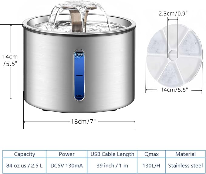 Stainless Steel Cat Water Fountain, 84oz/2.5L Pet Fountain Dog Water Dispenser with Water Level Window for Cats/Dogs Indoor, Flower Style Sprinkler, Silent Automatic USB Wired Dispenser,Filter Sponge