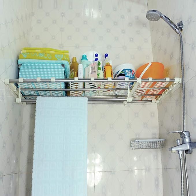 BAOYOUNI Closet Expandable Shelf Rod Clothes Storage Rack Holder Wardrobe Hanger Dividers with 12 Mesh Spacers and 1 Hanging Rod, 37.4-66.93 in