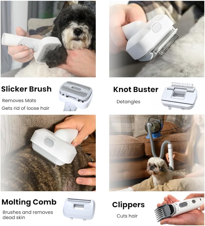 Grooming Kit for Dogs & Cats, with Vacuum, Removes up to 99% of Fur, Brushes, Clippers, for Shedding, Low noise, Adjustable Speed Suction, 16 pcs, Blue, Carolina Pets