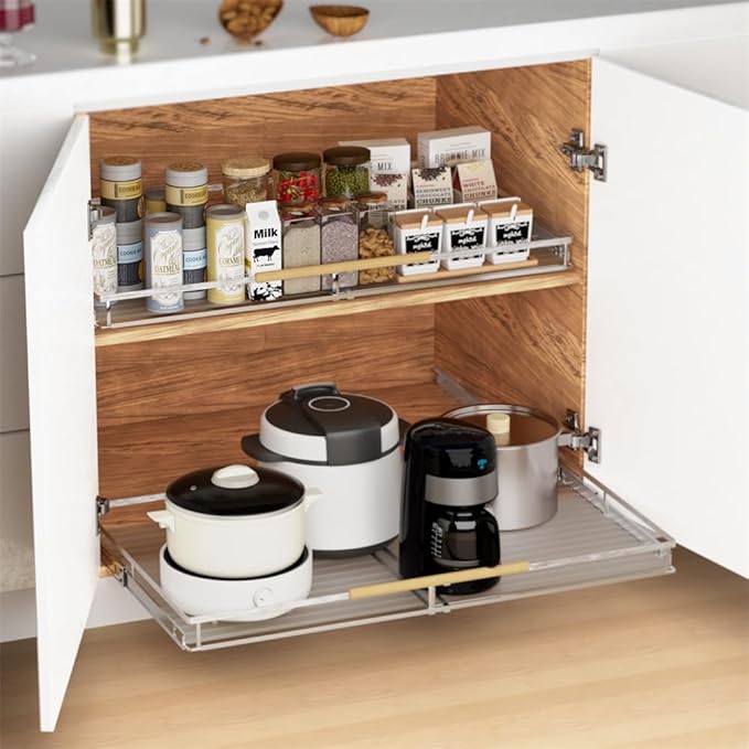 SANNO Pull Out Cabinet Organizer,Expandable Slide Out Shelf, Bottom-Mounted Sliding Shelf Under Sink Shelf, Expandable Shelves with Sliding for Kitchen Cabinets Under Sink,3