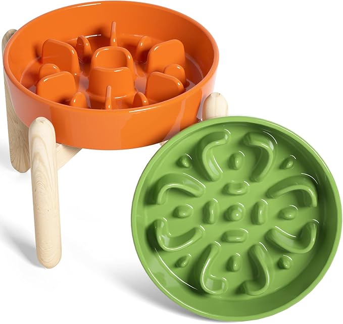 LE TAUCI Ceramic Slow Feeder Raised Dog Bowls with Wooden Stand, Puzzle Feeder, Elevated Dog Dishes to Slow Down Eating, 8 Inch Anti-Gulping Pet Feeding Dishes for Medium Dog…