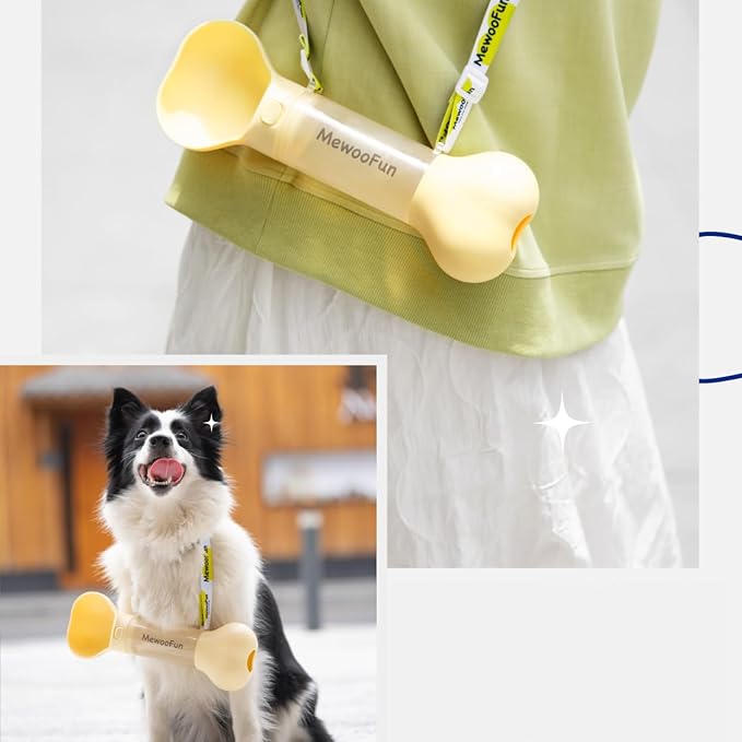 Bone Shaped Pet Water Bottle with Poop Bag Dispenser - Leak-Proof Portable Pet Travel Water Dispenser with Drinking Bowl for Walking, Hiking, & Outdoors, White
