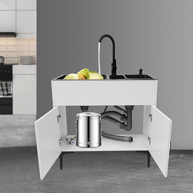 Laundry Room Double-bowl Sink Cabinet, Utility Sink Cabinet with Cold & Hot Faucet Freestanding, Bathroom Kitchen Stainless Steel Laundry Sink 31.89x16.93x30.71in(White)