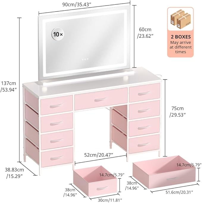 COMHOMA Vanity Desk with Large Mirror,LED and Power Outlet,Makeup Table with 9 Storage Drawersand HD Mirrors,3 Color Modes Adjustable Lighting for Bedroom Dressing Room (Pink, 35inch)