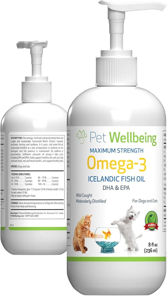 Pet Wellbeing Omega-3 Icelandic Fish Oil for Dogs - Wild-Caught, Cold-Water Fish, Healthy Skin and Coat, Joint Health and Mobility, Fatty Acids, Anchovies, Sardines - EPA, DHA - 8 fl oz (236 ml)