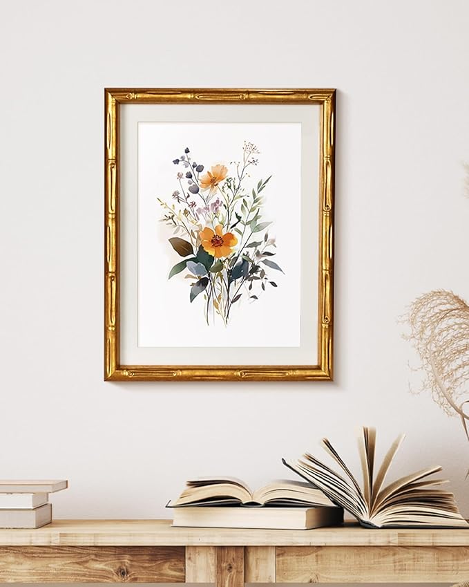Gold Bamboo Style Framed Floral Canvas Wall Art, Elegant 11x14 Inch Botanical Flower Print, Modern Soft Illustration Watercolor-Inspired Artwork, Bedroom Entryway Bathroom Decor