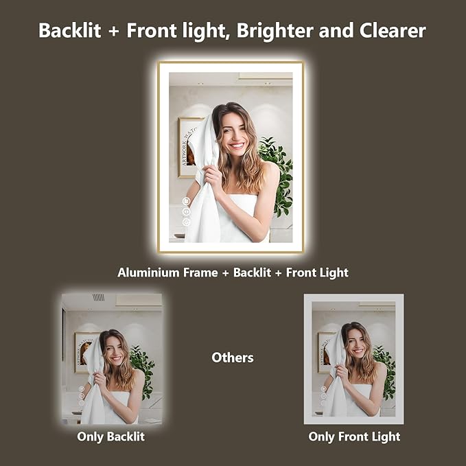 28x36 Inch LED Bathroom Mirror with Lights (Front Lit and Backlit) Gold Framed Lighted Vanity Mirror for Bathroom Wall Dimmable Anti-Fog Memory Tempered Glass Horizontal/Vertical