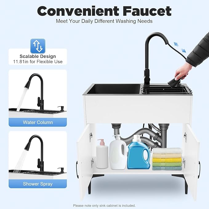 30-Inch Laundry Sink with Cabinet and Pull-Out Sprayer Faucet, Freestanding Kitchen Sink Cabinet with Stainless Steel Sink & Draining Basket, Wash Station Tub for Laundry & Utility Room, Bathroom