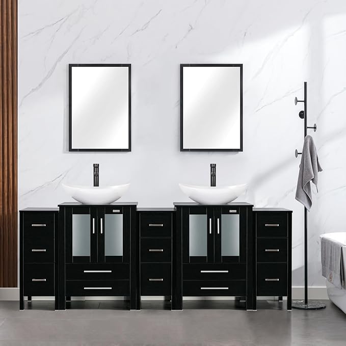 eclife 84" Modern Bathroom Vanity Sink Combo Freestanding Cabinet with Small Side Cabinet, White Boat Ceramic Vessel Sink, Water Save Faucet, Drain (Black+T44)
