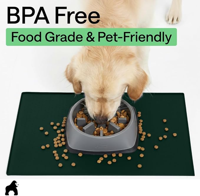 GORILLA GRIP 100% Waterproof Raised Edge BPA Free Silicone Pet Feeding Mat, Dog Cat Food Mats Contain Spills Protects Floors, Placemats for Cats and Dogs Water Bowl, Pets Accessories 32x24 Green
