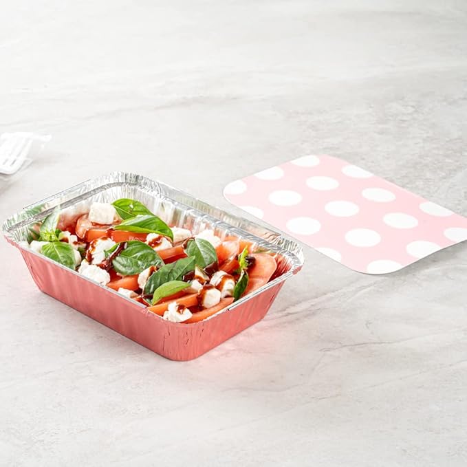 Restaurantware-16 Ounce Disposable Takeout Containers, 50 Rectangle Food Containers - With Polka Dot Lids, Pink Takeaway Containers, Aluminum Delivery Containers, Freezable