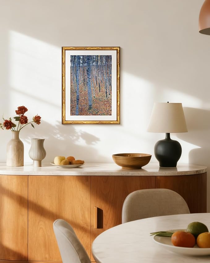 Vintage Gold Framed Canvas Wall Art 12x16 Inches Abstract Woodland Impressionist Artwork, Blue Orange Tones Landscape Painting, Modern Gallery Style Living Room Bedroom Office Bathroom Decor