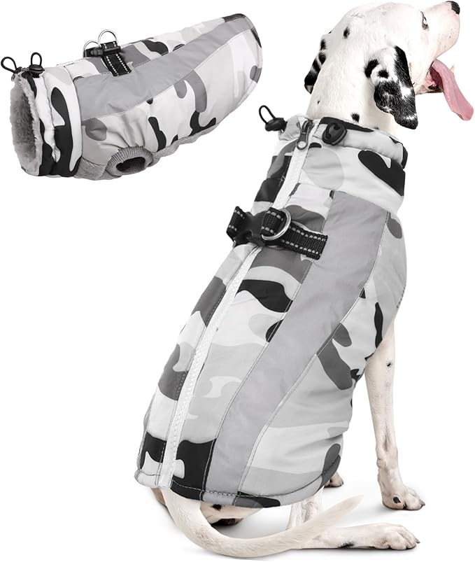 FUAMEY Dog Winter Jackets for Large Dogs,Dog Coat with Harness Built in,Waterproof Dogs Snowsuits Warm Pet Jacket Zip Up Fleece Cold Weather Coats Reflective Puppy Vest with Pocket Blue 3XL