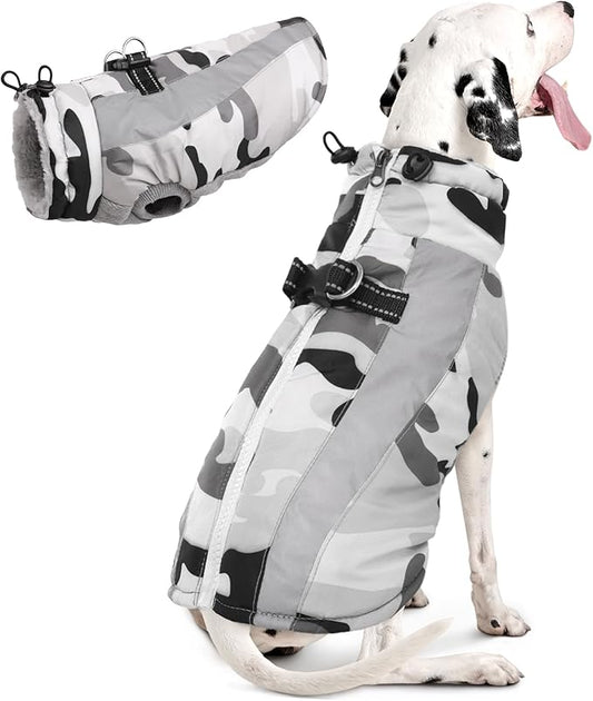 FUAMEY Dog Winter Jackets for Large Dogs,Dog Coat with Harness Built in,Waterproof Dogs Snowsuits Warm Pet Jacket Zip Up Fleece Cold Weather Coats Reflective Puppy Vest with Pocket Blue 3XL
