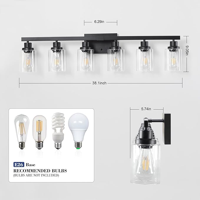 6-Light Black Vanity Lights 38'' Modern Bathroom Vanity Lighting Fixtures Above Mirror， Industrial Matte Bathroom Light Fixtures, Bath Wall Light Fixtures, Black Wall Sconces