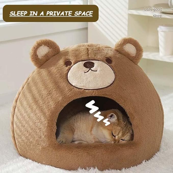 Cat Beds for Indoor Cats - Cute Cat Bed Cat Cave Bed ，Soft Calming Pet Bed with Removable Washable Cushioned Pillow，Cat Hideaway for Kitten&Puppy,Small Dog (Bear，M)